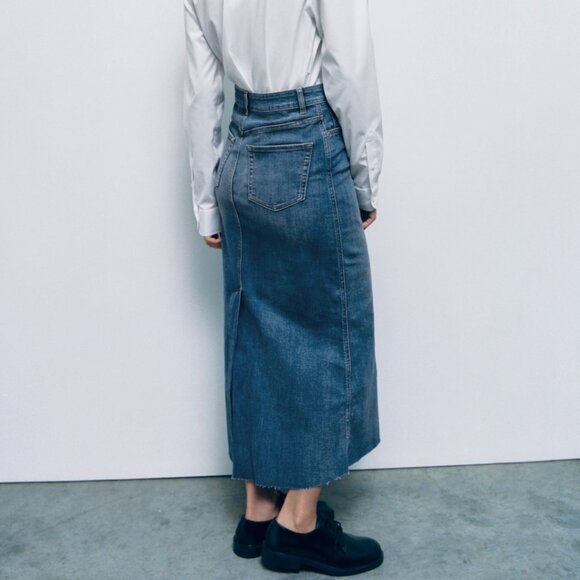 NWT Zara Stretch Denim Raw Hem Denim Pencil Maxi Skirt Size S - Picture 6 of 10